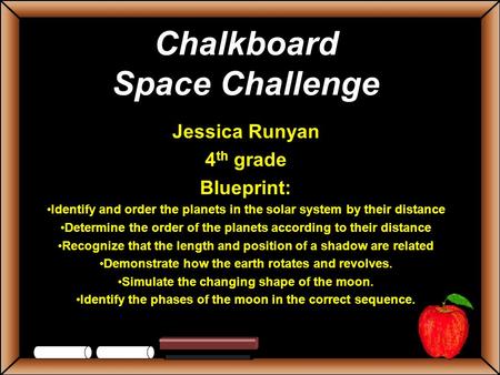 Chalkboard Space Challenge Jessica Runyan 4 th grade Blueprint: Identify and order the planets in the solar system by their distance Determine the order.