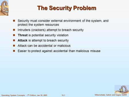 15.1 Silberschatz, Galvin and Gagne ©2005 Operating System Concepts – 7 th Edition, Jan 10, 2005 The Security Problem Security must consider external environment.