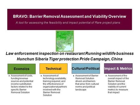 A tool for assessing the feasibility and impact potential of Rare project plans BRAVO: Barrier Removal Assessment and Viability Overview Econoics Technical.
