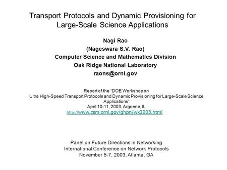 Report of the “DOE Workshop on Ultra High-Speed Transport Protocols.
