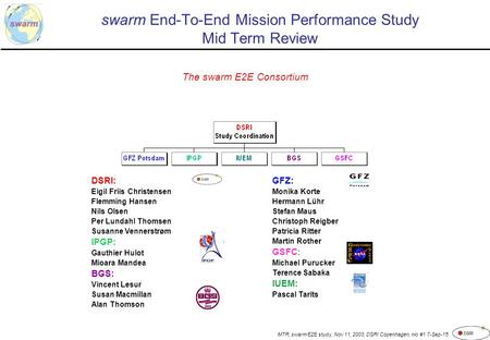 MTR, swarm E2E study, Nov 11, 2003, DSRI Copenhagen, nio #1 7-Sep-15 swarm End-To-End Mission Performance Study Mid Term Review The swarm E2E Consortium.