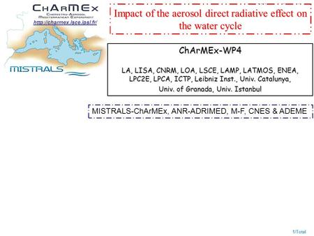 Audition MISTRALS/ChArMEx, Orly, 5 sept. 2014, X. Nom et al. 1/Total  WPn-Abrégé Impact of the aerosol direct radiative effect.
