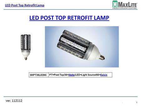 ENERGY EFFICIENT LIGHTING LED POST TOP RETROFIT LAMP ver. 112112 LED Post Top Retrofit Lamp.1.1 PT=Post Top/36=Watts/LED=Light Source/65=KelvinWattsKelvin.