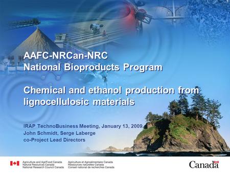 AAFC-NRCan-NRC National Bioproducts Program Chemical and ethanol production from lignocellulosic materials IRAP TechnoBusiness Meeting, January 13, 2009.