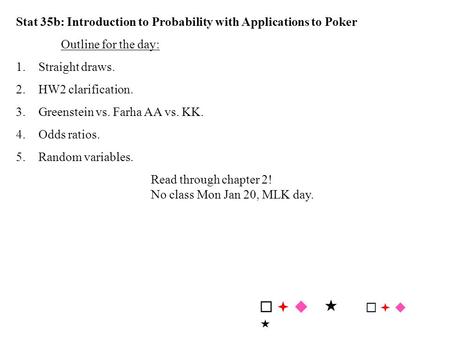 Stat 35b: Introduction to Probability with Applications to Poker Outline for the day: 1.Straight draws. 2.HW2 clarification. 3.Greenstein vs. Farha AA.