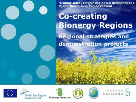 Co-creating Bionergy Regions Regional strategies and demonstration projects Visiting Ludza, Latgale Region 4-5 October 2012 Bjarne Rasmussen, Region Zealand.