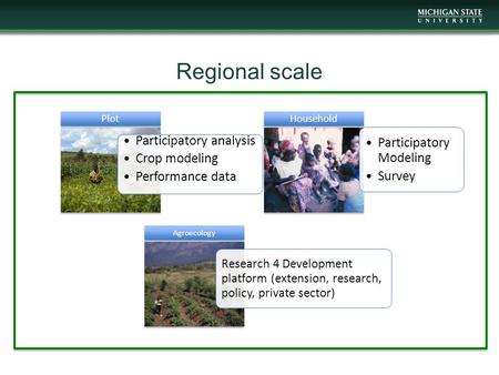 Regional scale Participatory analysis Crop modeling Performance data Plot Participatory Modeling Survey Household Research 4 Development platform (extension,