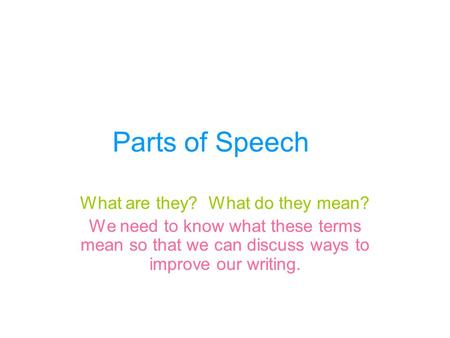 Parts of Speech What are they? What do they mean? We need to know what these terms mean so that we can discuss ways to improve our writing.