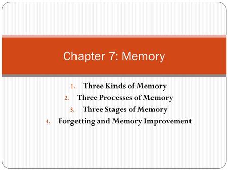 1. Three Kinds of Memory 2. Three Processes of Memory 3. Three Stages of Memory 4. Forgetting and Memory Improvement Chapter 7: Memory.