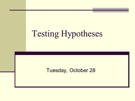 Testing Hypotheses Tuesday, October 28. Objectives: Understand the logic of hypothesis testing and following related concepts Sidedness of a test (left-,
