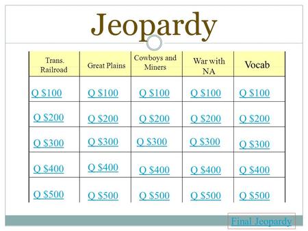 Jeopardy Trans. Railroad Great Plains Cowboys and Miners War with NA Vocab Q $100 Q $200 Q $300 Q $400 Q $500 Q $100 Q $200 Q $300 Q $400 Q $500 Final.