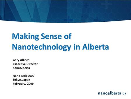 Making Sense of Nanotechnology in Alberta Gary Albach Executive Director nanoAlberta Nano Tech 2009 Tokyo, Japan February, 2009.