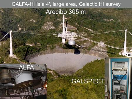 ALFA Arecibo 305 m GALSPECT GALFA-HI is a 4′, large area, Galactic HI survey.