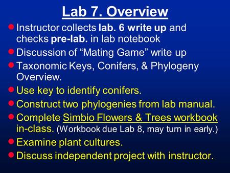 Lab 7. Overview  Instructor collects lab. 6 write up and checks pre-lab. in lab notebook  Discussion of “Mating Game” write up  Taxonomic Keys, Conifers,