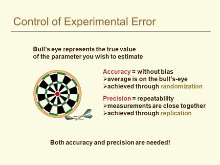 Control of Experimental Error Accuracy = without bias  average is on the bull’s-eye  achieved through randomization Precision = repeatability  measurements.