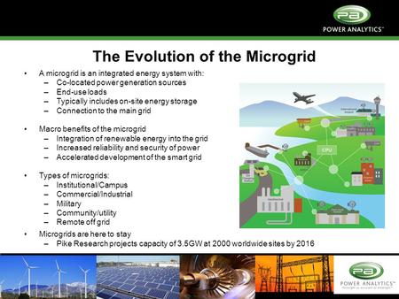 Copyright © 2011 Power Analytics Corp. The Evolution of the Microgrid A microgrid is an integrated energy system with: –Co-located power generation sources.
