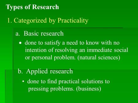 Types of Research 1. Categorized by Practicality a. Basic research  done to satisfy a need to know with no intention of resolving an immediate social.