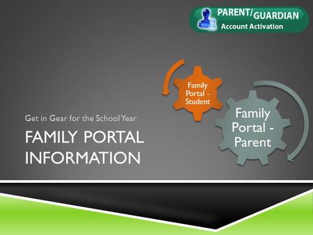 FAMILY PORTAL INFORMATION Get in Gear for the School Year Family Portal - Parent Family Portal - Student.