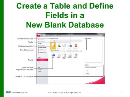 With Microsoft ® Access 2010© 2011 Pearson Education, Inc. Publishing as Prentice Hall1 Create a Table and Define Fields in a New Blank Database.