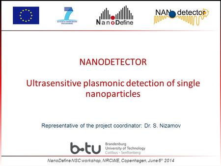 NANODETECTOR Ultrasensitive plasmonic detection of single nanoparticles Representative of the project coordinator: Dr. S. Nizamov NanoDefine NSC workshop,