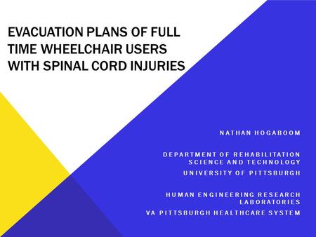 EVACUATION PLANS OF FULL TIME WHEELCHAIR USERS WITH SPINAL CORD INJURIES NATHAN HOGABOOM DEPARTMENT OF REHABILITATION SCIENCE AND TECHNOLOGY UNIVERSITY.