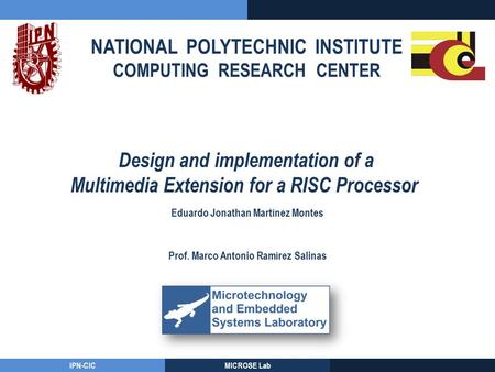 NATIONAL POLYTECHNIC INSTITUTE COMPUTING RESEARCH CENTER IPN-CICMICROSE Lab Design and implementation of a Multimedia Extension for a RISC Processor Eduardo.