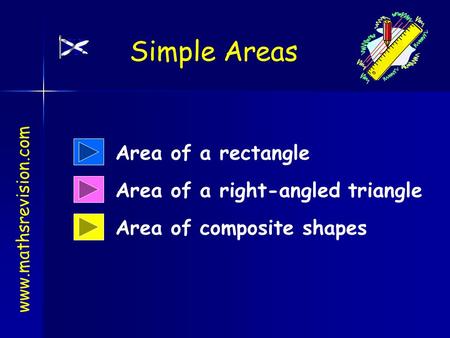 Area of a rectangle Area of composite shapes Area of a right-angled triangle www.mathsrevision.com Simple Areas.