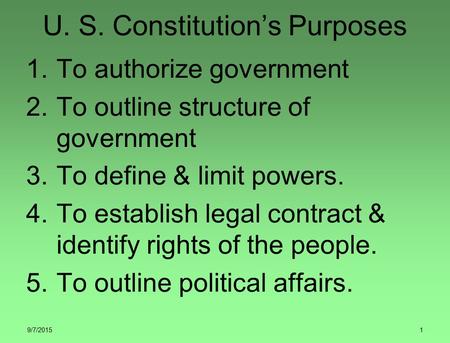 9/7/20151 U. S. Constitution’s Purposes 1.To authorize government 2.To outline structure of government 3.To define & limit powers. 4.To establish legal.