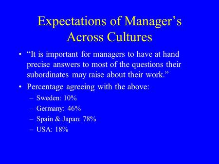 Expectations of Manager’s Across Cultures “It is important for managers to have at hand precise answers to most of the questions their subordinates may.