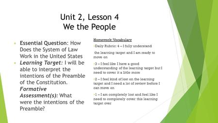 Unit 2, Lesson 4 We the People Essential Question: How Does the System of Law Work in the United States Learning Target: I will be able to interpret the.