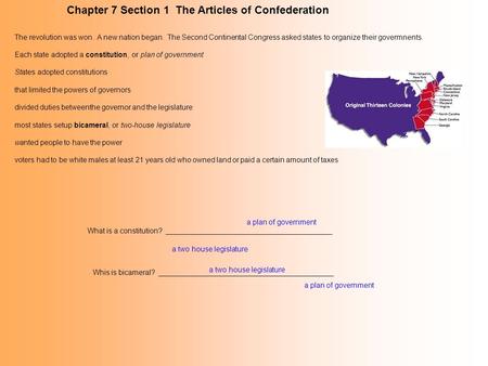 Chapter 7 Section 1 The Articles of Confederation The revolution was won. A new nation began. The Second Continental Congress asked states to organize.