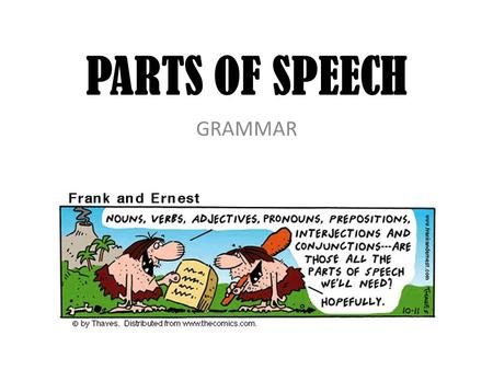 PARTS OF SPEECH GRAMMAR. 8 PARTS OF SPEECH 1)Noun 2) Pronoun 3) Verb 4) Adjective 5) Adverb 6) Preposition 7) Conjunction 8) Interjection.