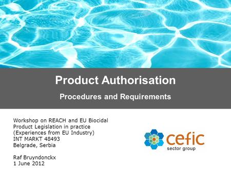 Product Authorisation Workshop on REACH and EU Biocidal Product Legislation in practice (Experiences from EU Industry) INT MARKT 48493 Belgrade, Serbia.
