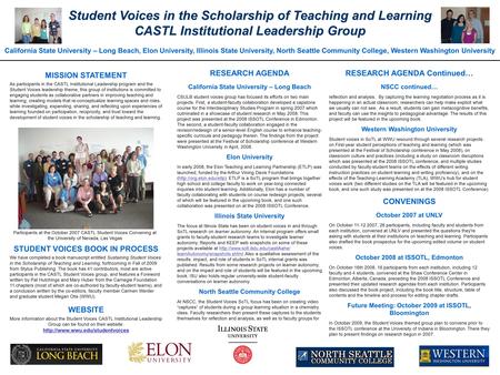 Student Voices in the Scholarship of Teaching and Learning CASTL Institutional Leadership Group California State University – Long Beach, Elon University,
