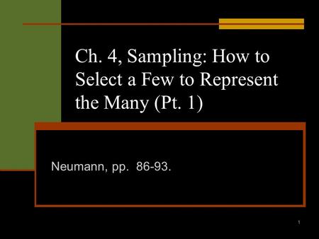 1 Ch. 4, Sampling: How to Select a Few to Represent the Many (Pt. 1) Neumann, pp. 86-93.