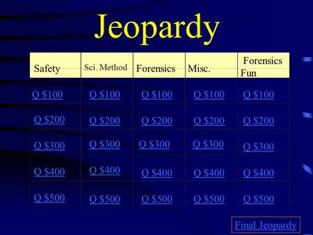 Jeopardy Safety Sci. Method ForensicsMisc. Forensics Fun Q $100 Q $200 Q $300 Q $400 Q $500 Q $100 Q $200 Q $300 Q $400 Q $500 Final Jeopardy.