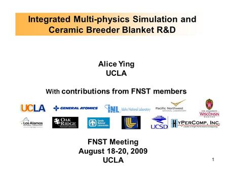 1 Integrated Multi-physics Simulation and Ceramic Breeder Blanket R&D Alice Ying UCLA With contributions from FNST members FNST Meeting August 18-20, 2009.