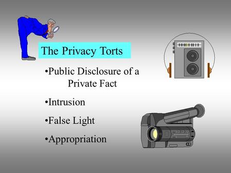 The Privacy Torts Public Disclosure of a Private Fact Intrusion False Light Appropriation.