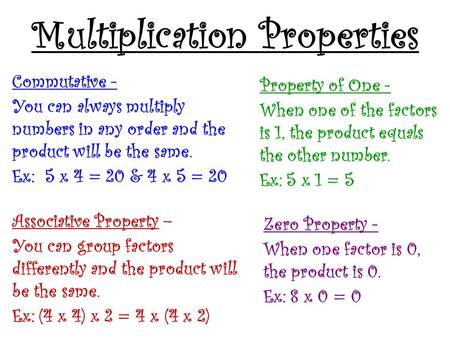 Multiplication Properties Commutative - You can always multiply numbers in any order and the product will be the same. Ex: 5 x 4 = 20 & 4 x 5 = 20 Associative.
