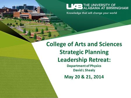 College of Arts and Sciences Strategic Planning Leadership Retreat: Department of Physics David L Shealy May 20 & 21, 2014.