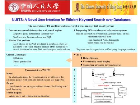 NUITS: A Novel User Interface for Efficient Keyword Search over Databases The integration of DB and IR provides users with a wide range of high quality.