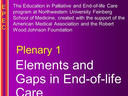 EPECEPEC Elements and Gaps in End-of-life Care Plenary 1 The Education in Palliative and End-of-life Care program at Northwestern University Feinberg School.