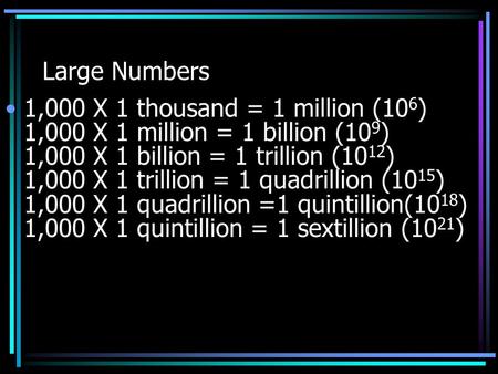 Large Numbers 1,000 X 1 thousand = 1 million (106)  1,000 X 1 million = 1 billion (109)  1,000 X 1 billion = 1 trillion (1012)  1,000 X 1 trillion = 1.