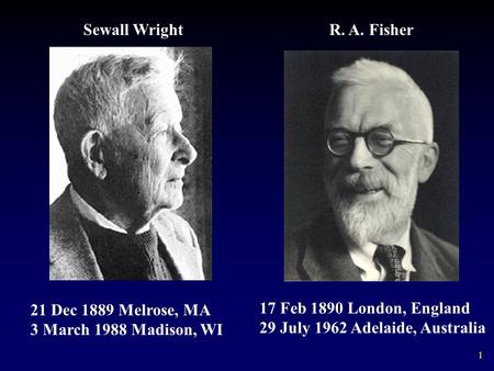 1 17 Feb 1890 London, England 29 July 1962 Adelaide, Australia 21 Dec 1889 Melrose, MA 3 March 1988 Madison, WI Sewall WrightR. A. Fisher.