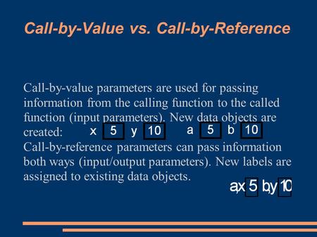 Call-by-Value vs. Call-by-Reference Call-by-value parameters are used for passing information from the calling function to the called function (input parameters).