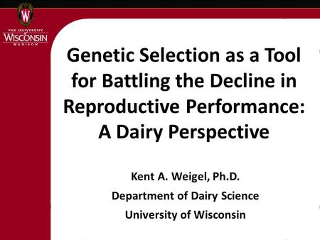Genetic Selection as a Tool for Battling the Decline in Reproductive Performance: A Dairy Perspective Kent A. Weigel, Ph.D. Department of Dairy Science.