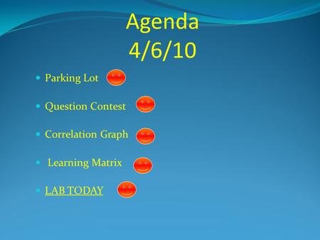 Agenda 4/6/10 Parking Lot Question Contest Correlation Graph Learning Matrix LAB TODAY.