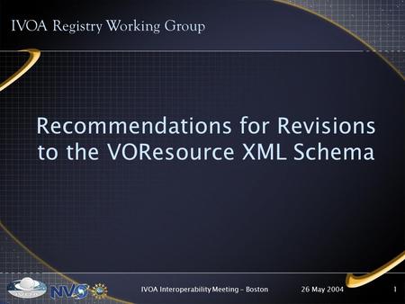 26 May 2004IVOA Interoperability Meeting - Boston1 Recommendations for Revisions to the VOResource XML Schema IVOA Registry Working Group.