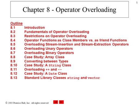  2003 Prentice Hall, Inc. All rights reserved. 1 Chapter 8 - Operator Overloading Outline 8.1Introduction 8.2Fundamentals of Operator Overloading 8.3Restrictions.