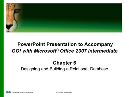 With Microsoft Office 2007 Intermediate© 2008 Pearson Prentice Hall1 PowerPoint Presentation to Accompany GO! with Microsoft ® Office 2007 Intermediate.